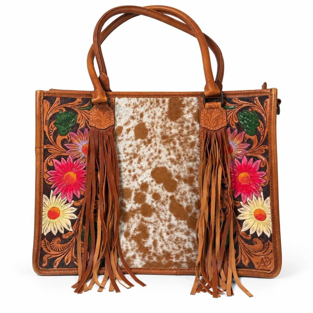 American Darling Tooled Leather Tote Bag Cowhide Floral Fringe Brown Western